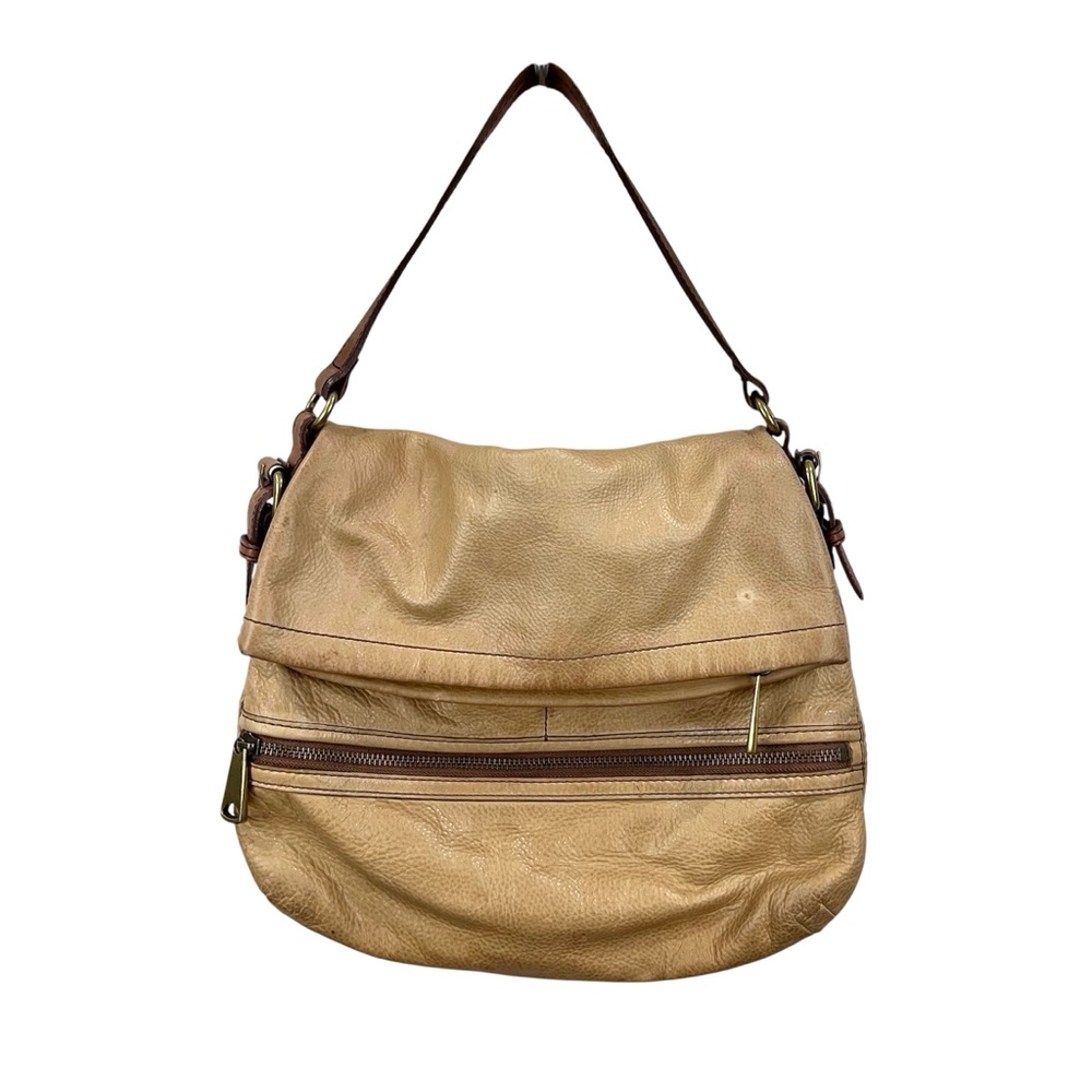 Vintage Fossil Tan Leather Foldover Flap Saddle Satchel Hobo Shoulder Bag Purse